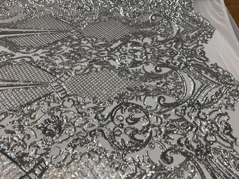 BY THE YARD/ Geometric Design Mesh Lace Fabric Sequins 4 Way Stretch On A White Mesh/Handmade Lace Embroider Prom/Gowns/Wedding DressICE FABRICSICE FABRICSSilverBY THE YARD/ Geometric Design Mesh Lace Fabric Sequins 4 Way Stretch On A White Mesh/Handmade Lace Embroider Prom/Gowns/Wedding Dress ICE FABRICS Silver
