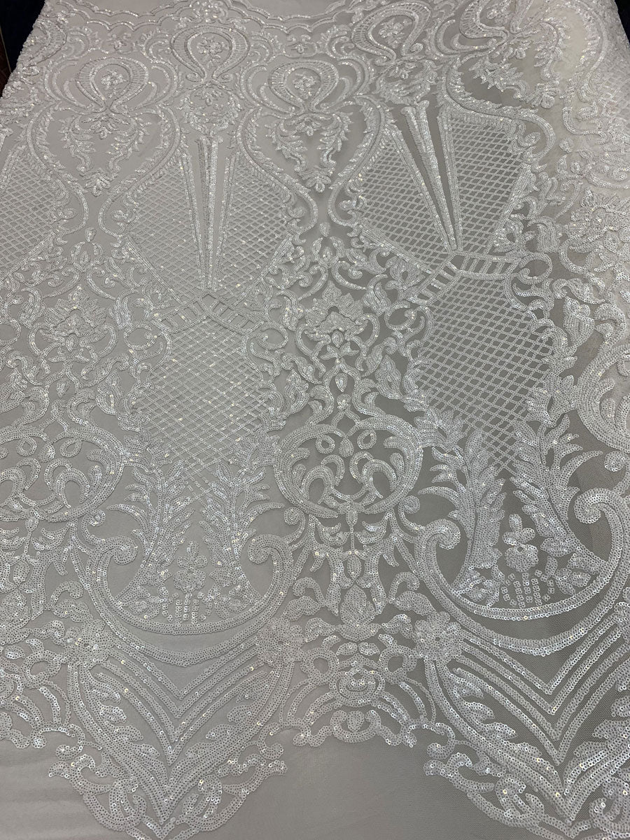 BY THE YARD/ Geometric Design Mesh Lace Fabric Sequins 4 Way Stretch On A White Mesh/Handmade Lace Embroider Prom/Gowns/Wedding DressICE FABRICSICE FABRICSWhiteBY THE YARD/ Geometric Design Mesh Lace Fabric Sequins 4 Way Stretch On A White Mesh/Handmade Lace Embroider Prom/Gowns/Wedding Dress ICE FABRICS White