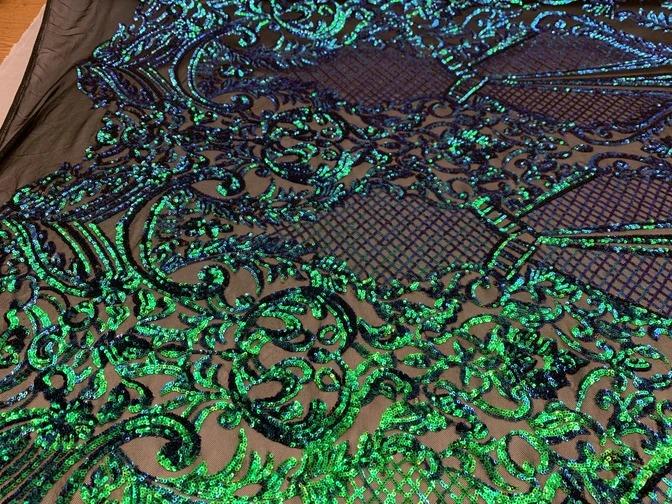 BY THE YARD/ Geometric Design Mesh Lace Fabric Sequins 4 Way Stretch On A White Mesh/Handmade Lace Embroider Prom/Gowns/Wedding DressICE FABRICSICE FABRICSGreenBY THE YARD/ Geometric Design Mesh Lace Fabric Sequins 4 Way Stretch On A White Mesh/Handmade Lace Embroider Prom/Gowns/Wedding Dress ICE FABRICS Green