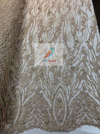 Champagne Eden Floral Embroidered Handmade Beaded FabricICEFABRICICE FABRICSChampagneBy The YardChampagne Eden Floral Embroidered Handmade Beaded Fabric ICEFABRIC