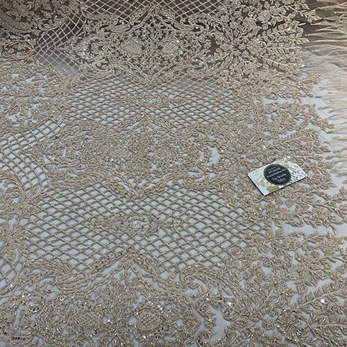 Champagne Mini Flowers Embroidered Floral Beaded Fabric For Wedding Dresses By The YardICEFABRICICE FABRICSChampagne Mini Flowers Embroidered Floral Beaded Fabric For Wedding Dresses By The Yard ICEFABRIC
