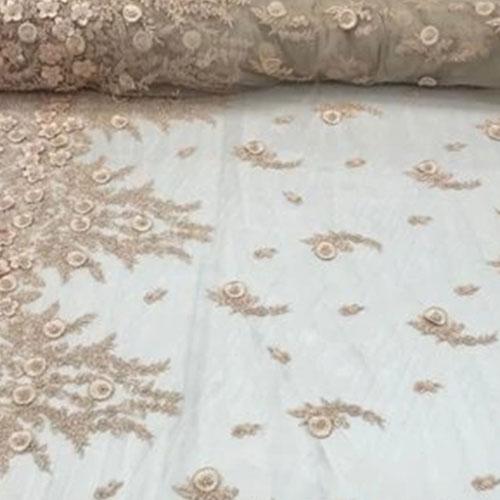 Champagne Mini Flowers With Beads Floral Luxury Embroidery Mesh Lace Fabric For Bridal GownsICEFABRICICE FABRICSChampagne Mini Flowers With Beads Floral Luxury Embroidery Mesh Lace Fabric For Bridal Gowns ICEFABRIC