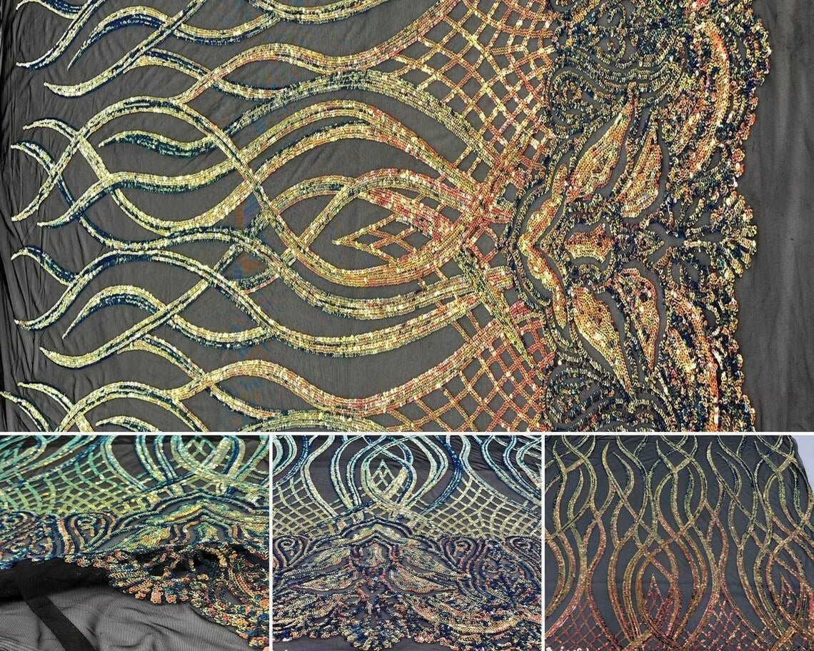 Charlotte Stretch Sequin Fabric | Embroidery Lace On MeshICE FABRICSICE FABRICSPurple OrangeBy The Yard (58" Wide)Charlotte Stretch Sequin Fabric | Embroidery Lace On Mesh ICE FABRICS Purple Orange