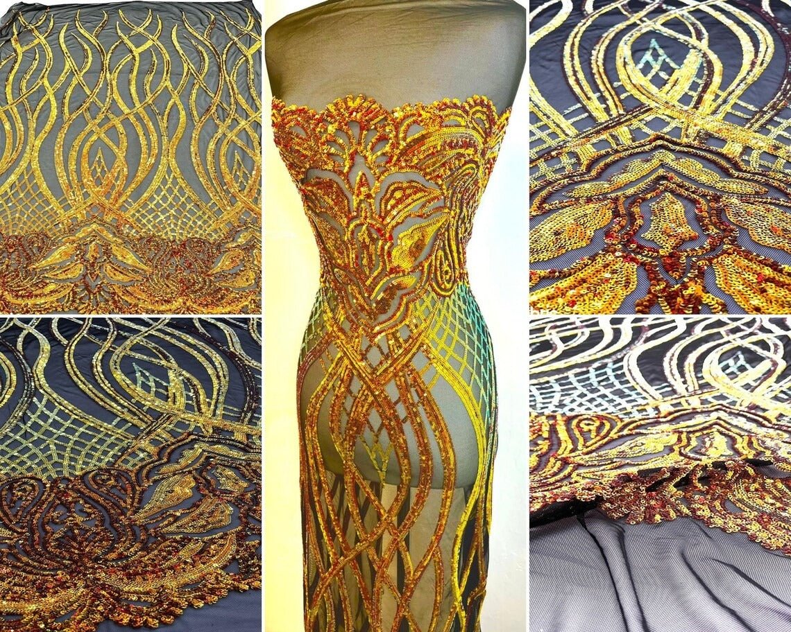 Charlotte Stretch Sequin Fabric | Embroidery Lace On MeshICE FABRICSICE FABRICSOrangeBy The Yard (58" Wide)Charlotte Stretch Sequin Fabric | Embroidery Lace On Mesh ICE FABRICS Orange