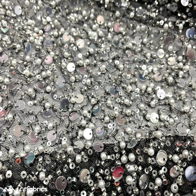 Classic All Over Beaded Sequin Bridal Fabric / HandmadeICE FABRICSICE FABRICSBy The Yard (58" Wide)Silver Sequin on BlackClassic All Over Beaded Sequin Bridal Fabric / Handmade ICE FABRICS Silver Sequin on Black