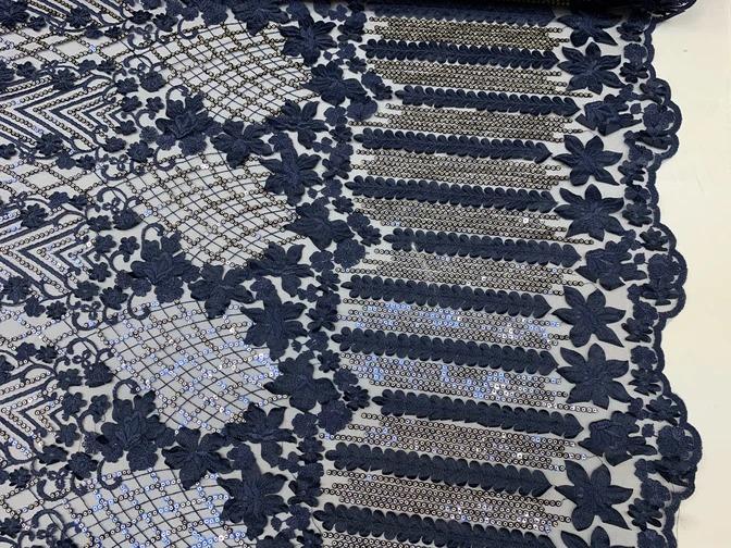 Corded 3D Flowers/Floral Mesh Lace Sequins Fabric By The Yard For Gowns, Skirts, Prom DressesICEFABRICICE FABRICSNavy BlueCorded 3D Flowers/Floral Mesh Lace Sequins Fabric By The Yard For Gowns, Skirts, Prom Dresses ICEFABRIC Navy Blue
