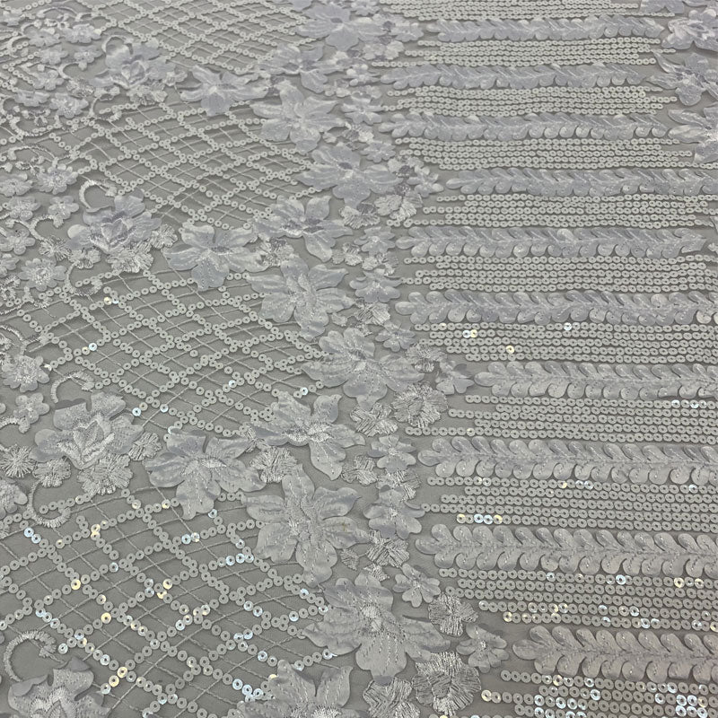 Corded 3D Flowers/Floral Mesh Lace Sequins Fabric By The Yard For Gowns, Skirts, Prom DressesICEFABRICICE FABRICSWhiteCorded 3D Flowers/Floral Mesh Lace Sequins Fabric By The Yard For Gowns, Skirts, Prom Dresses ICEFABRIC White