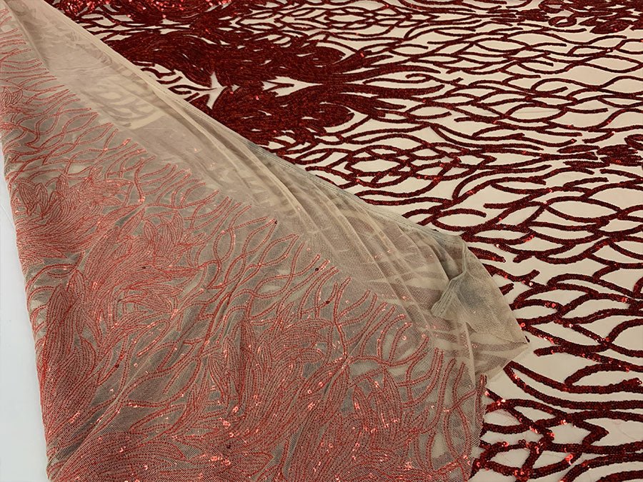 Damask Embroidery Fabric 4 Way Stretch Sequin Luxury FabricICEFABRICICE FABRICSRed On nude MeshBy The Yard (58" Wide)Damask Embroidery Fabric 4 Way Stretch Sequin Luxury Fabric ICEFABRIC Red On nude Mesh