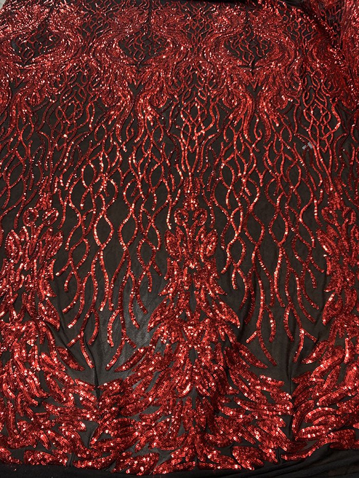 Damask Embroidery Fabric 4 Way Stretch Sequin Luxury FabricICEFABRICICE FABRICSRed On Black MeshBy The Yard (58" Wide)Damask Embroidery Fabric 4 Way Stretch Sequin Luxury Fabric ICEFABRIC Red On Black Mesh