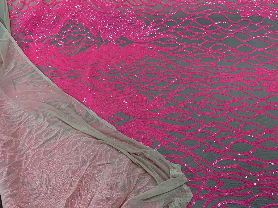 Damask Embroidery Fabric 4 Way Stretch Sequin Luxury FabricICEFABRICICE FABRICSNeon Pink On Nude MeshBy The Yard (58" Wide)Damask Embroidery Fabric 4 Way Stretch Sequin Luxury Fabric ICEFABRIC Neon Pink On Nude Mesh