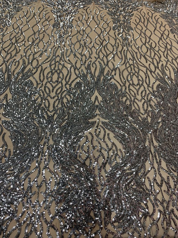 Damask Embroidery Fabric 4 Way Stretch Sequin Luxury FabricICEFABRICICE FABRICSSilver On Nude MeshBy The Yard (58" Wide)Damask Embroidery Fabric 4 Way Stretch Sequin Luxury Fabric ICEFABRIC Silver On Nude Mesh