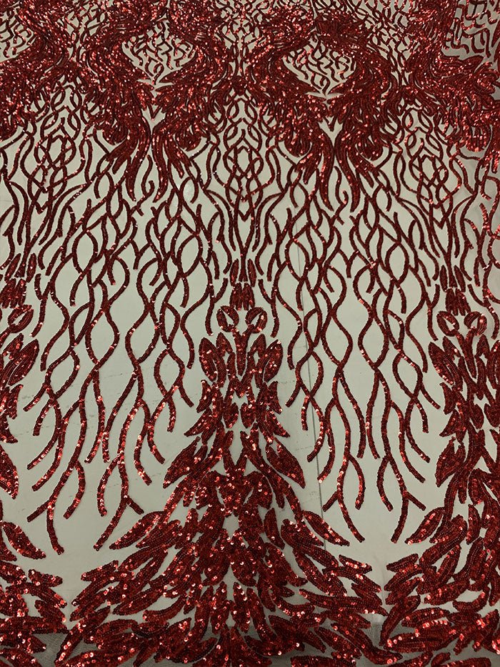 Damask Embroidery Fabric 4 Way Stretch Sequin Luxury FabricICEFABRICICE FABRICSRed On nude MeshBy The Yard (58" Wide)Damask Embroidery Fabric 4 Way Stretch Sequin Luxury Fabric ICEFABRIC Red On nude Mesh