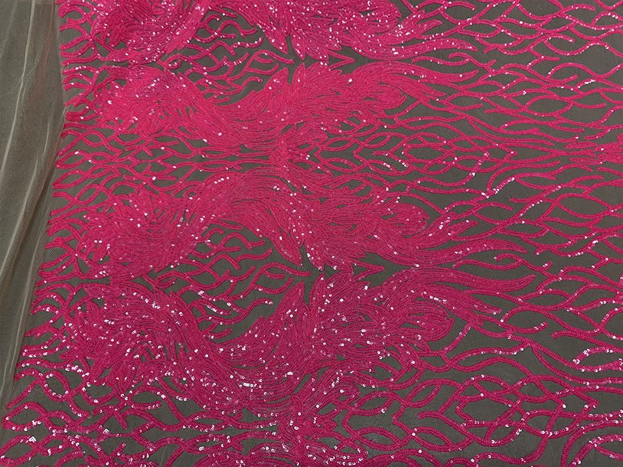 Damask Embroidery Fabric 4 Way Stretch Sequin Luxury FabricICEFABRICICE FABRICSNeon Pink On Nude MeshBy The Yard (58" Wide)Damask Embroidery Fabric 4 Way Stretch Sequin Luxury Fabric ICEFABRIC Neon Pink On Nude Mesh