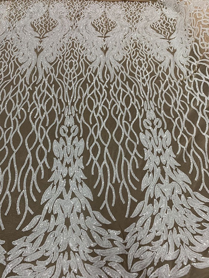 Damask Embroidery Fabric 4 Way Stretch Sequin Luxury FabricICEFABRICICE FABRICSWhite On Nude MeshBy The Yard (58" Wide)Damask Embroidery Fabric 4 Way Stretch Sequin Luxury Fabric ICEFABRIC White On Nude Mesh