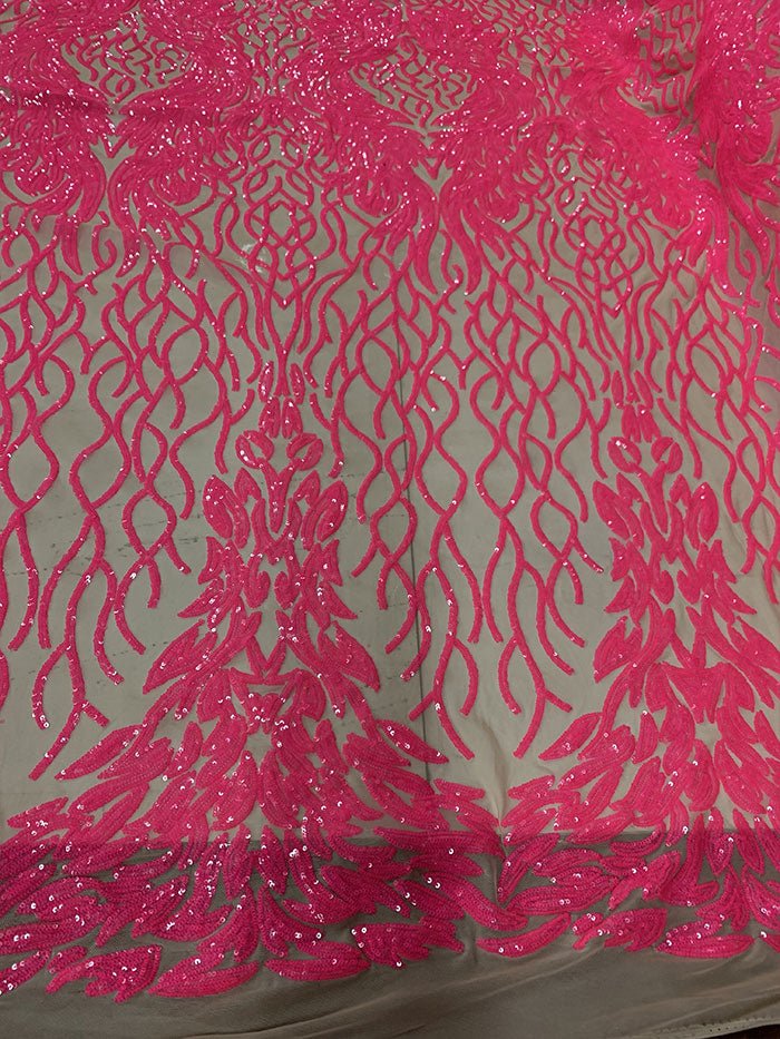 Damask Embroidery Fabric 4 Way Stretch Sequin Luxury FabricICEFABRICICE FABRICSNeon Pink On Nude MeshBy The Yard (58" Wide)Damask Embroidery Fabric 4 Way Stretch Sequin Luxury Fabric ICEFABRIC Neon Pink On Nude Mesh