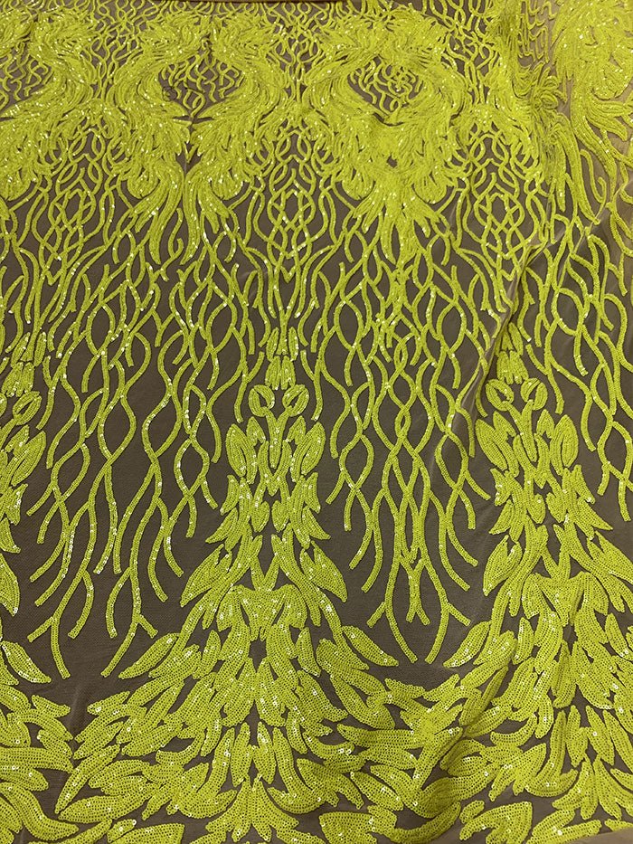 Damask Embroidery Fabric 4 Way Stretch Sequin Luxury FabricICEFABRICICE FABRICSYellow On Nude MeshBy The Yard (58" Wide)Damask Embroidery Fabric 4 Way Stretch Sequin Luxury Fabric ICEFABRIC Yellow On Nude Mesh