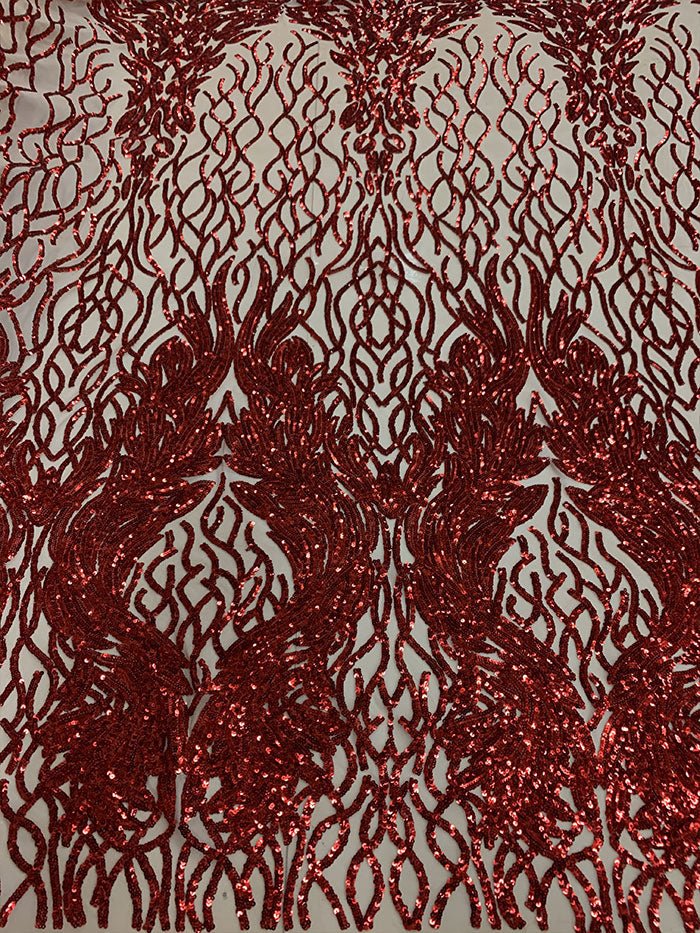 Damask Embroidery Fabric 4 Way Stretch Sequin Luxury FabricICEFABRICICE FABRICSRed On nude MeshBy The Yard (58" Wide)Damask Embroidery Fabric 4 Way Stretch Sequin Luxury Fabric ICEFABRIC Red On nude Mesh