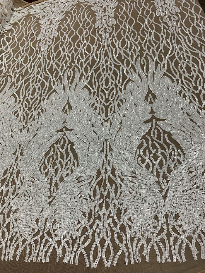 Damask Embroidery Fabric 4 Way Stretch Sequin Luxury FabricICEFABRICICE FABRICSWhite On Nude MeshBy The Yard (58" Wide)Damask Embroidery Fabric 4 Way Stretch Sequin Luxury Fabric ICEFABRIC White On Nude Mesh