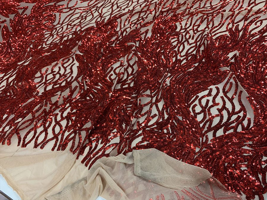 Damask Embroidery Fabric 4 Way Stretch Sequin Luxury FabricICEFABRICICE FABRICSRed On nude MeshBy The Yard (58" Wide)Damask Embroidery Fabric 4 Way Stretch Sequin Luxury Fabric ICEFABRIC Red On nude Mesh