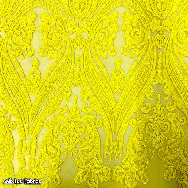 Damask Sequin Fabric | 4 Way Stretch Spandex Mesh Lace Fabric | (EGP)ICE FABRICSICE FABRICSEGP YellowYellow on YellowDamask Sequin Fabric | 4 Way Stretch Spandex Mesh Lace Fabric | (EGP) ICE FABRICS Yellow on Yellow