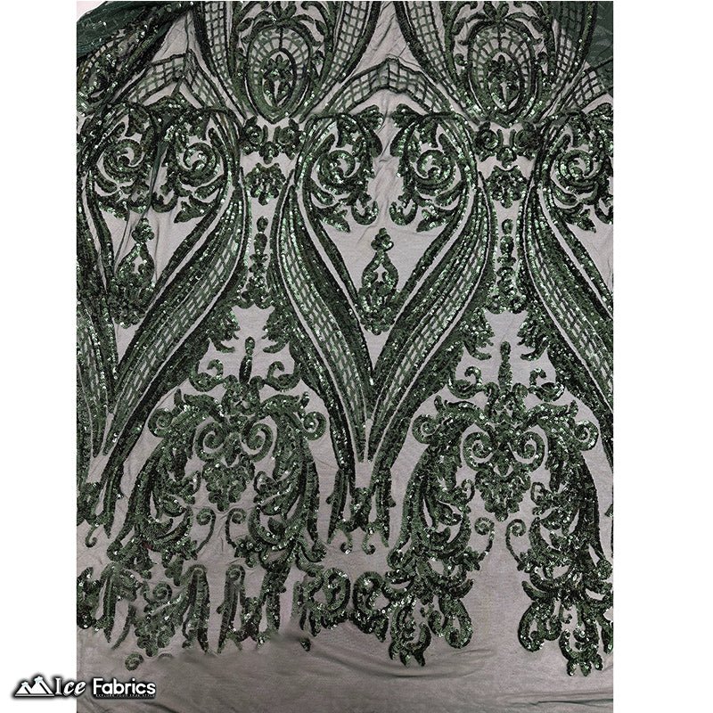 Damask Sequin Fabric | 4 Way Stretch Spandex Mesh Lace Fabric | (EGP)ICE FABRICSICE FABRICSEGP Hunter GreenHunter Green on GreenDamask Sequin Fabric | 4 Way Stretch Spandex Mesh Lace Fabric | (EGP) ICE FABRICS Hunter Green on Green