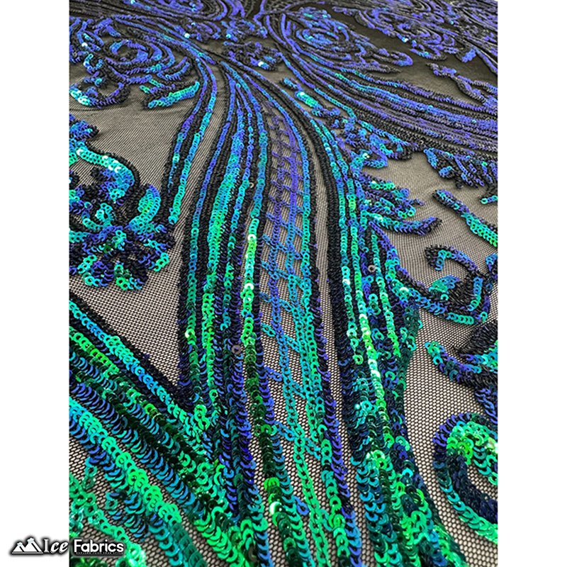 Damask Sequin Fabric | 4 Way Stretch Spandex Mesh Lace Fabric | (EGP)ICE FABRICSICE FABRICSEGP Emerald Green IridescentEmerald Green Iridescent On Black MeshDamask Sequin Fabric | 4 Way Stretch Spandex Mesh Lace Fabric | (EGP) ICE FABRICS Emerald Green Iridescent On Black Mesh