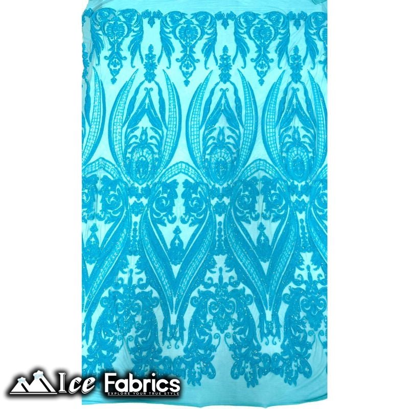 Damask Sequin Fabric | 4 Way Stretch Spandex Mesh Lace Fabric | (EGP)ICE FABRICSICE FABRICSIridescent Neon TurquoiseDamask Sequin Fabric | 4 Way Stretch Spandex Mesh Lace Fabric | (EGP) ICE FABRICS Iridescent Neon Turquoise