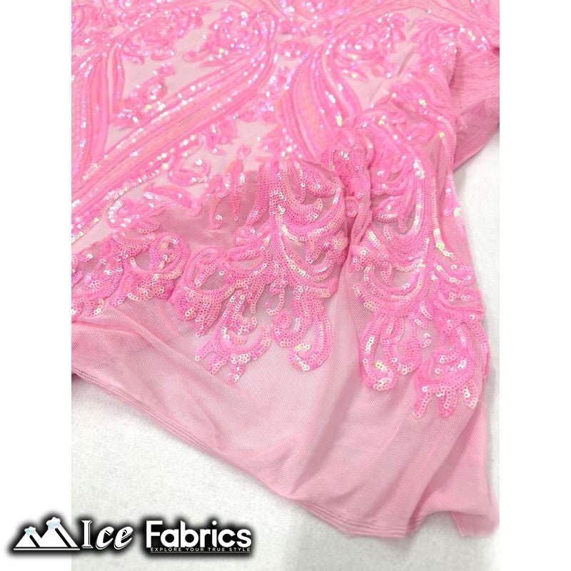 Damask Sequin Fabric | 4 Way Stretch Spandex Mesh Lace Fabric | (EGP)ICE FABRICSICE FABRICSIridescent Baby PinkDamask Sequin Fabric | 4 Way Stretch Spandex Mesh Lace Fabric | (EGP) ICE FABRICS Iridescent Baby Pink