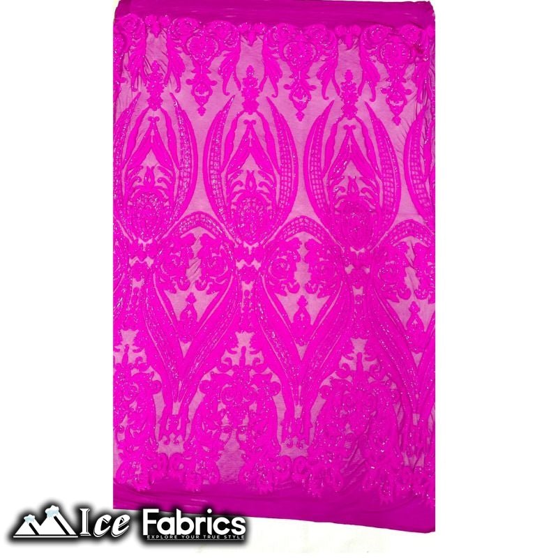 Damask Sequin Fabric | 4 Way Stretch Spandex Mesh Lace Fabric | (EGP)ICE FABRICSICE FABRICSIridescent FuchsiaDamask Sequin Fabric | 4 Way Stretch Spandex Mesh Lace Fabric | (EGP) ICE FABRICS Iridescent Fuchsia