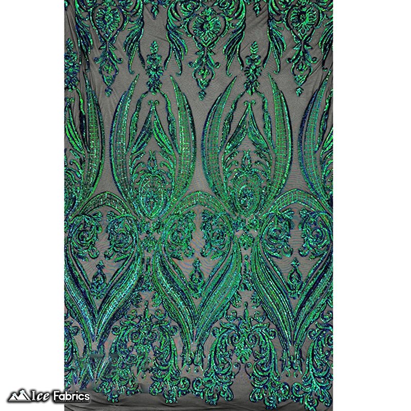 Damask Sequin Fabric | 4 Way Stretch Spandex Mesh Lace Fabric | (EGP)ICE FABRICSICE FABRICSEGP Emerald Green IridescentEmerald Green Iridescent On Black MeshDamask Sequin Fabric | 4 Way Stretch Spandex Mesh Lace Fabric | (EGP) ICE FABRICS Emerald Green Iridescent On Black Mesh