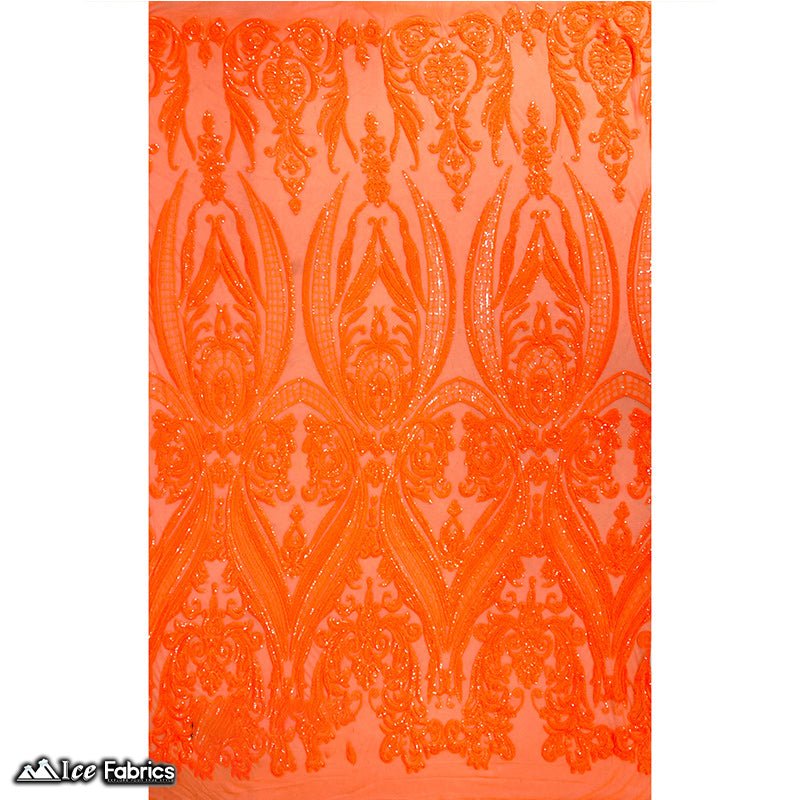 Damask Sequin Fabric | 4 Way Stretch Spandex Mesh Lace Fabric | (EGP)ICE FABRICSICE FABRICSEGP Iridescent Neon OrangeIridescent Neon Orange on Orange MeshDamask Sequin Fabric | 4 Way Stretch Spandex Mesh Lace Fabric | (EGP) ICE FABRICS Iridescent Neon Orange on Orange Mesh