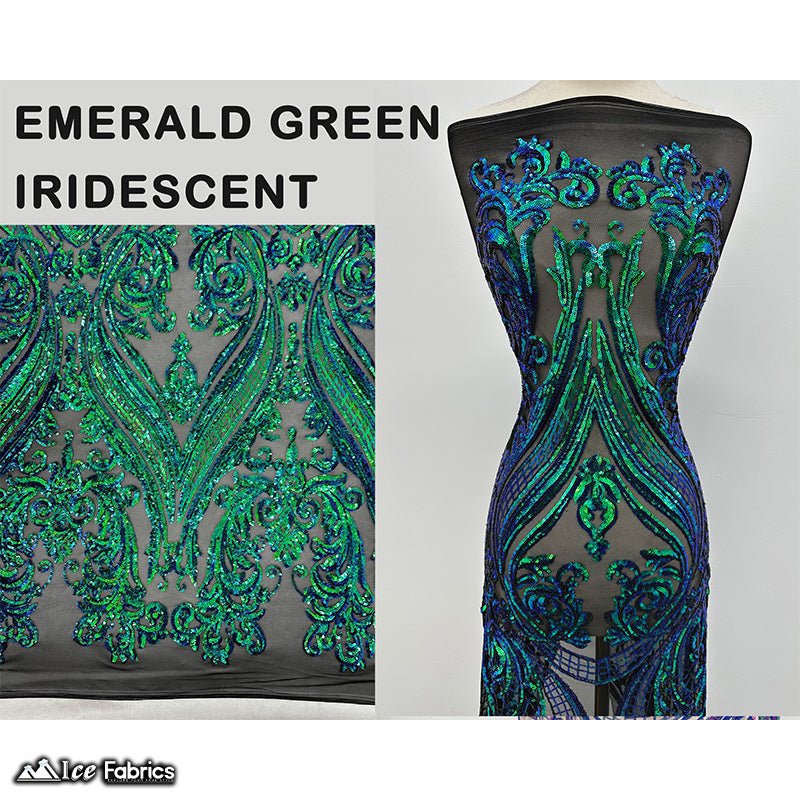 Damask Sequin Fabric | 4 Way Stretch Spandex Mesh Lace Fabric | (EGP)ICE FABRICSICE FABRICSEGP Emerald Green IridescentEmerald Green Iridescent On Black MeshDamask Sequin Fabric | 4 Way Stretch Spandex Mesh Lace Fabric | (EGP) ICE FABRICS Emerald Green Iridescent On Black Mesh