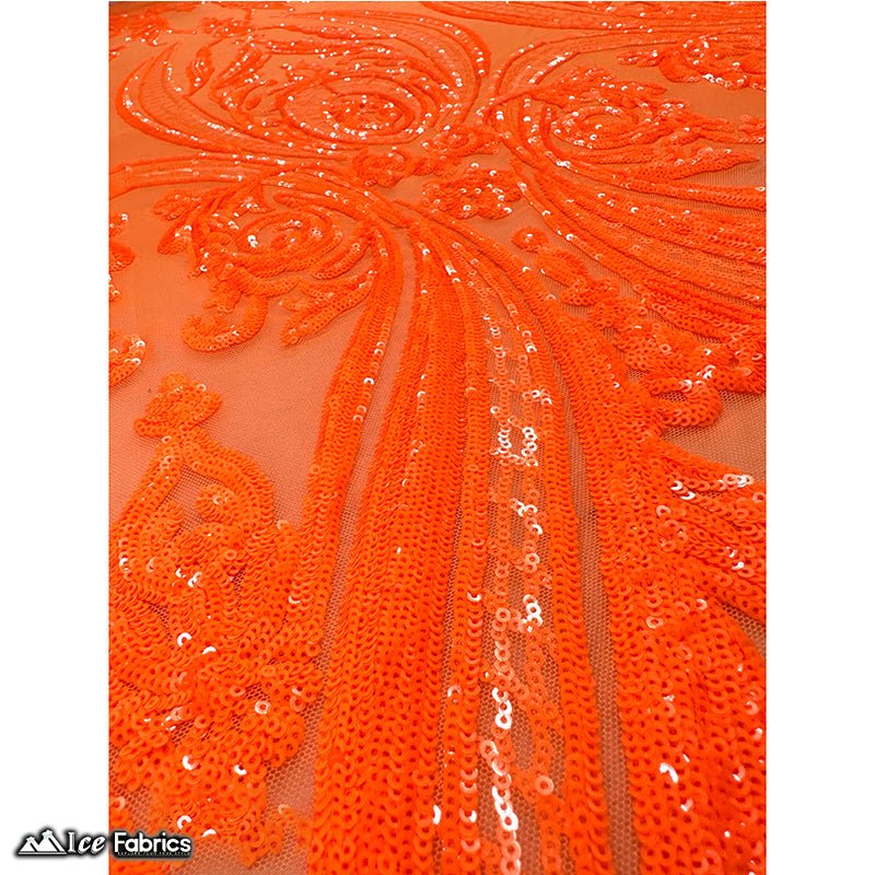 Damask Sequin Fabric | 4 Way Stretch Spandex Mesh Lace Fabric | (EGP)ICE FABRICSICE FABRICSEGP Iridescent Neon OrangeIridescent Neon Orange on Orange MeshDamask Sequin Fabric | 4 Way Stretch Spandex Mesh Lace Fabric | (EGP) ICE FABRICS Iridescent Neon Orange on Orange Mesh