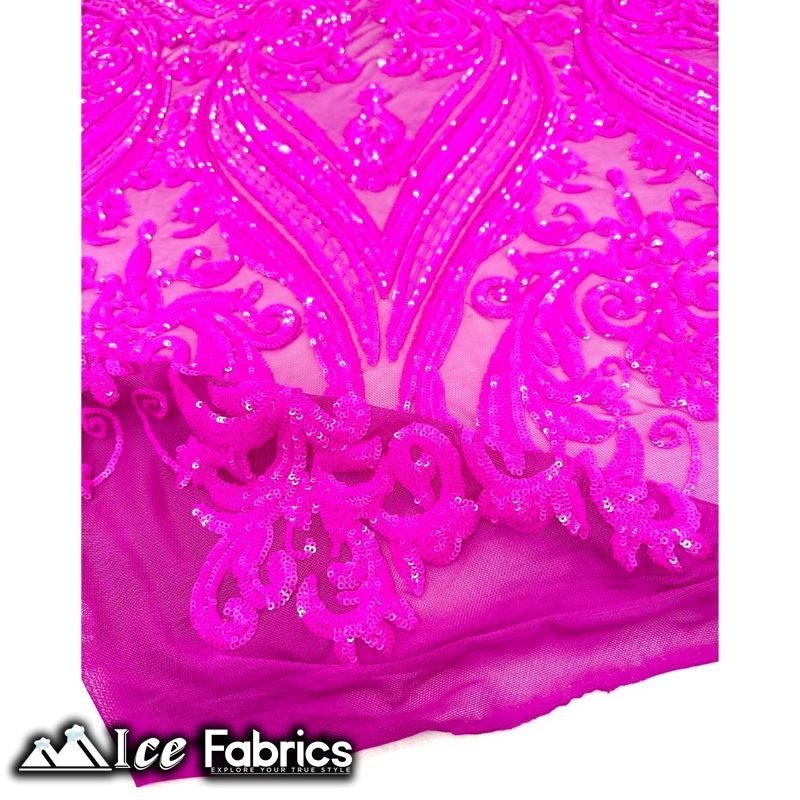 Damask Sequin Fabric | 4 Way Stretch Spandex Mesh Lace Fabric | (EGP)ICE FABRICSICE FABRICSIridescent FuchsiaDamask Sequin Fabric | 4 Way Stretch Spandex Mesh Lace Fabric | (EGP) ICE FABRICS Iridescent Fuchsia