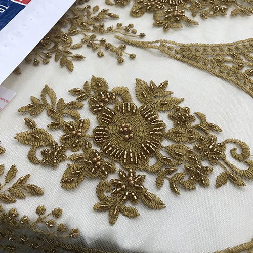 Dark Gold Or Taupe Design Beaded Lace Fabric By The YardICE FABRICSICE FABRICSDark Gold Or Taupe Design Beaded Lace Fabric By The Yard ICE FABRICS