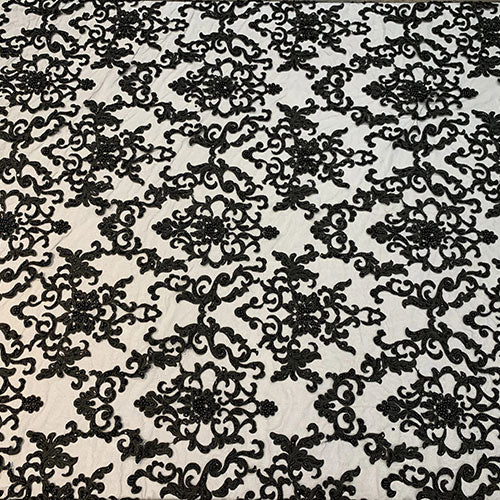 Deluxe Heavy Embroidered Glass Beaded Mesh Lace Fabric For Wedding, GownsICEFABRICICE FABRICSBlackDeluxe Heavy Embroidered Glass Beaded Mesh Lace Fabric For Wedding, Gowns ICEFABRIC Black