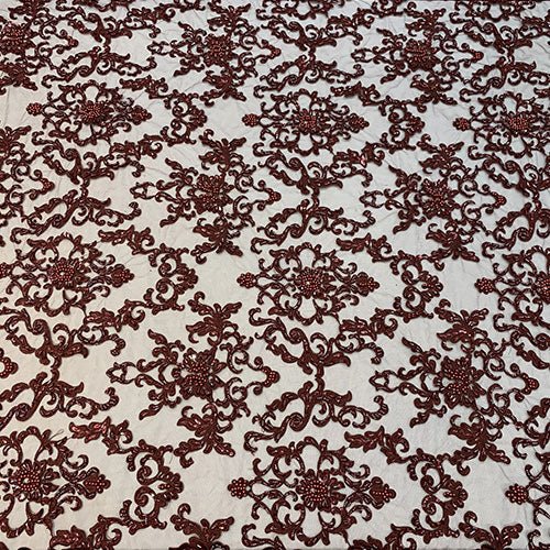 Deluxe Heavy Embroidered Glass Beaded Mesh Lace Fabric For Wedding, GownsICEFABRICICE FABRICSBlackDeluxe Heavy Embroidered Glass Beaded Mesh Lace Fabric For Wedding, Gowns ICEFABRIC Burgundy