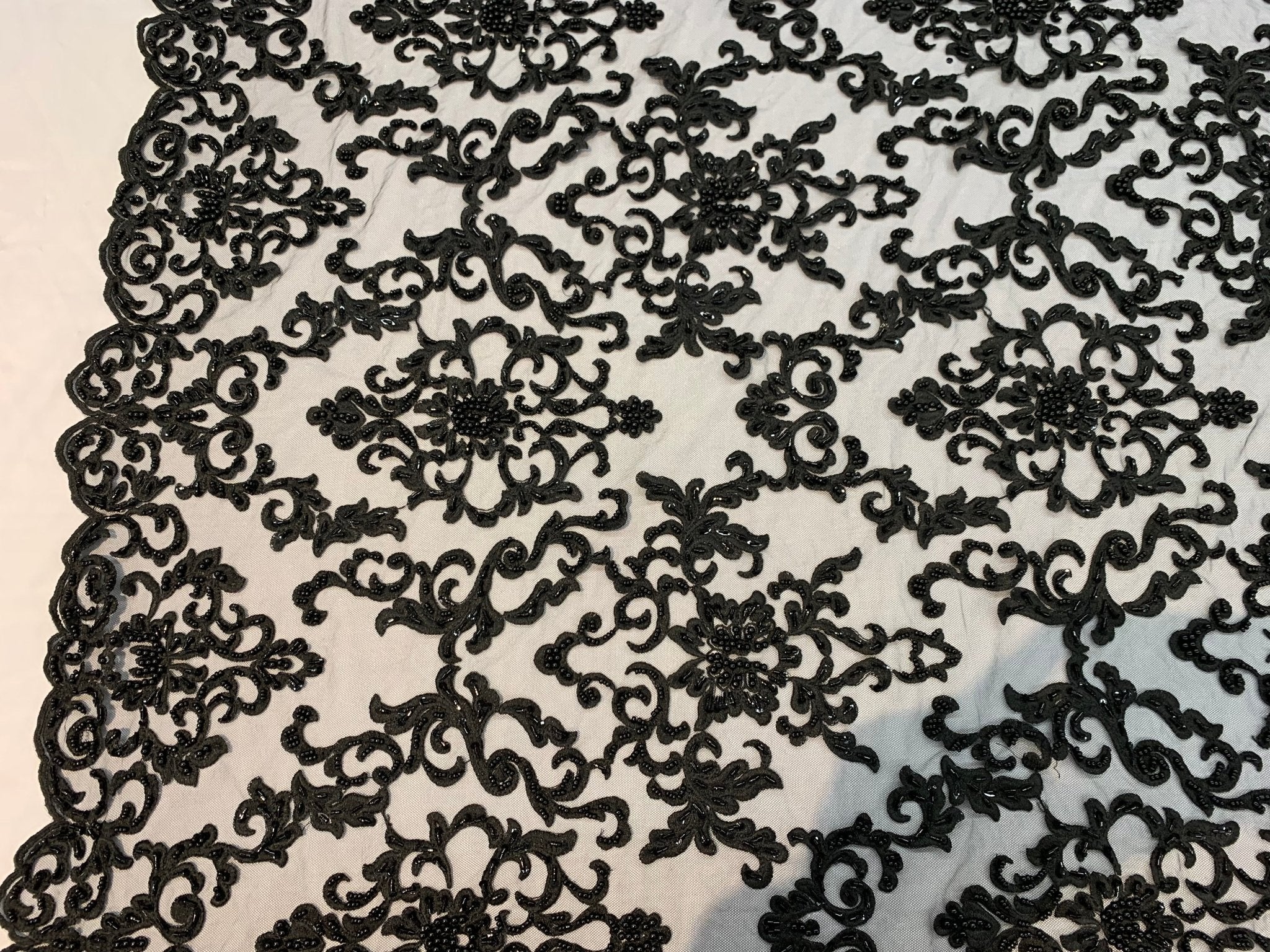 Deluxe Heavy Embroidered Glass Beaded Mesh Lace Fabric For Wedding, GownsICEFABRICICE FABRICSBlackDeluxe Heavy Embroidered Glass Beaded Mesh Lace Fabric For Wedding, Gowns ICEFABRIC Black