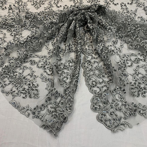 Deluxe Heavy Embroidered Glass Beaded Mesh Lace Fabric For Wedding, GownsICEFABRICICE FABRICSBurgundyDeluxe Heavy Embroidered Glass Beaded Mesh Lace Fabric For Wedding, Gowns ICEFABRIC Gray