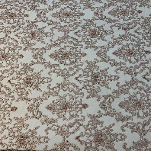 Deluxe Heavy Embroidered Glass Beaded Mesh Lace Fabric For Wedding, GownsICEFABRICICE FABRICSBurgundyDeluxe Heavy Embroidered Glass Beaded Mesh Lace Fabric For Wedding, Gowns ICEFABRIC Dusty Rose