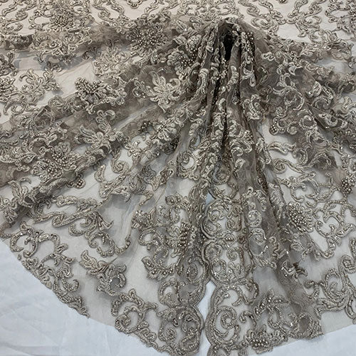 Deluxe Heavy Embroidered Glass Beaded Mesh Lace Fabric For Wedding, GownsICEFABRICICE FABRICSBurgundyDeluxe Heavy Embroidered Glass Beaded Mesh Lace Fabric For Wedding, Gowns ICEFABRIC Taupe