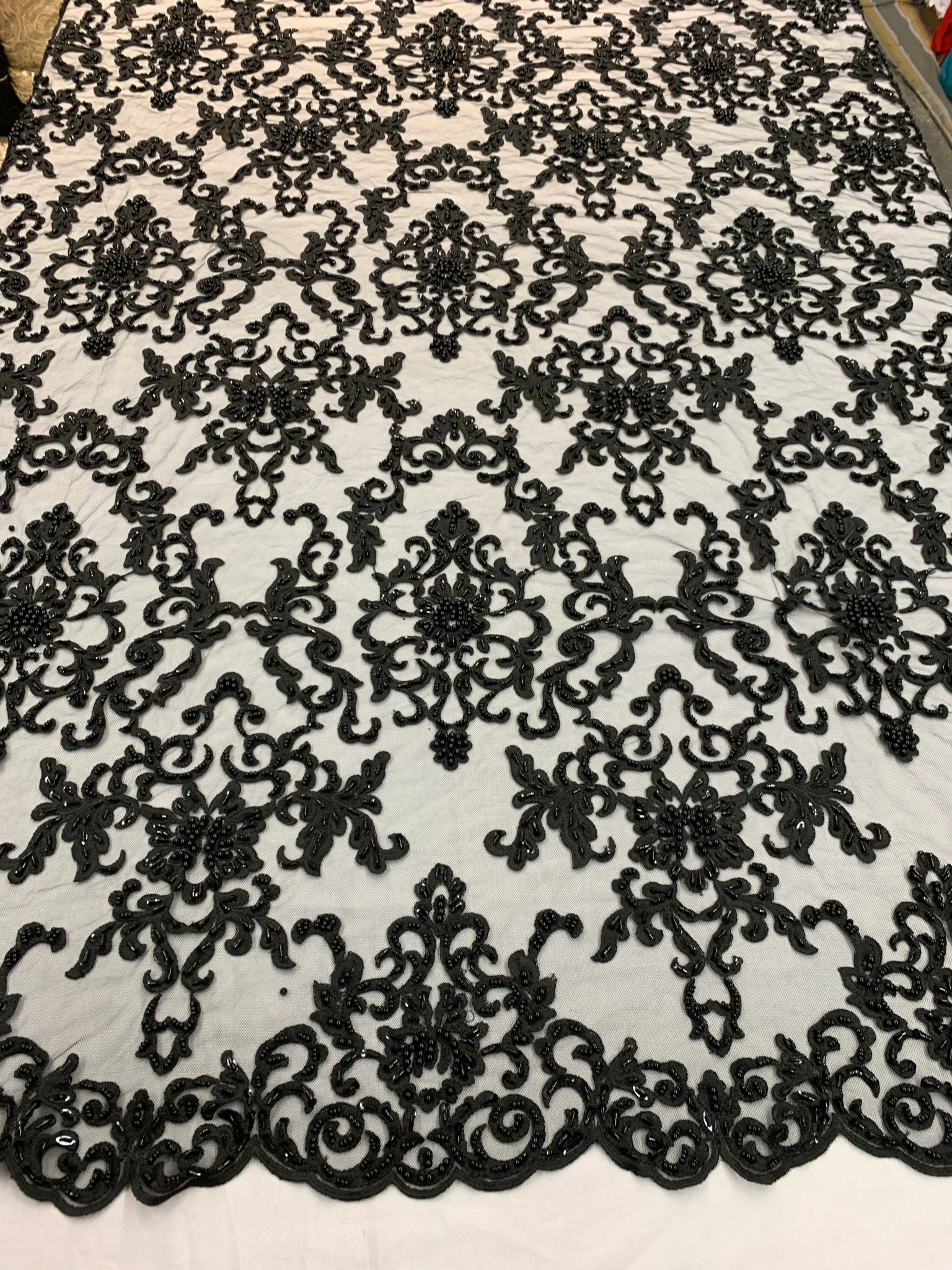 Deluxe Heavy Embroidered Glass Beaded Mesh Lace Fabric For Wedding, GownsICEFABRICICE FABRICSBlackDeluxe Heavy Embroidered Glass Beaded Mesh Lace Fabric For Wedding, Gowns ICEFABRIC Black