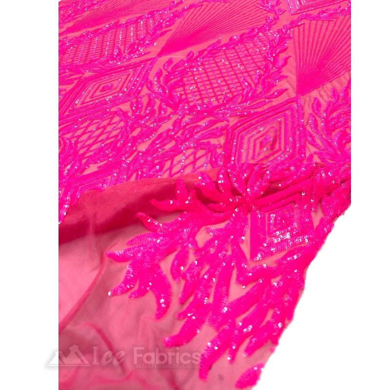 Diamond Geometric Sequins Fabric By The Yard | Fashion Fabric Neon Pink