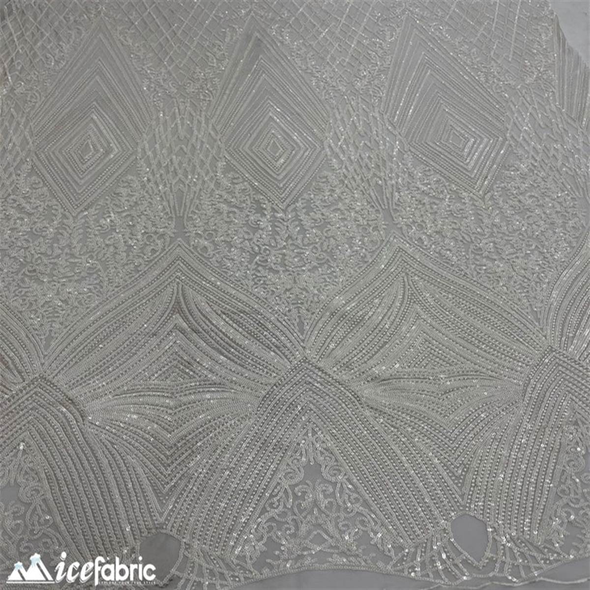 Diamond Geometric Stretch Sequin Fabric On MeshICE FABRICSICE FABRICSWhiteBy The YardDiamond Geometric Stretch Sequin Fabric On Mesh ICE FABRICS White