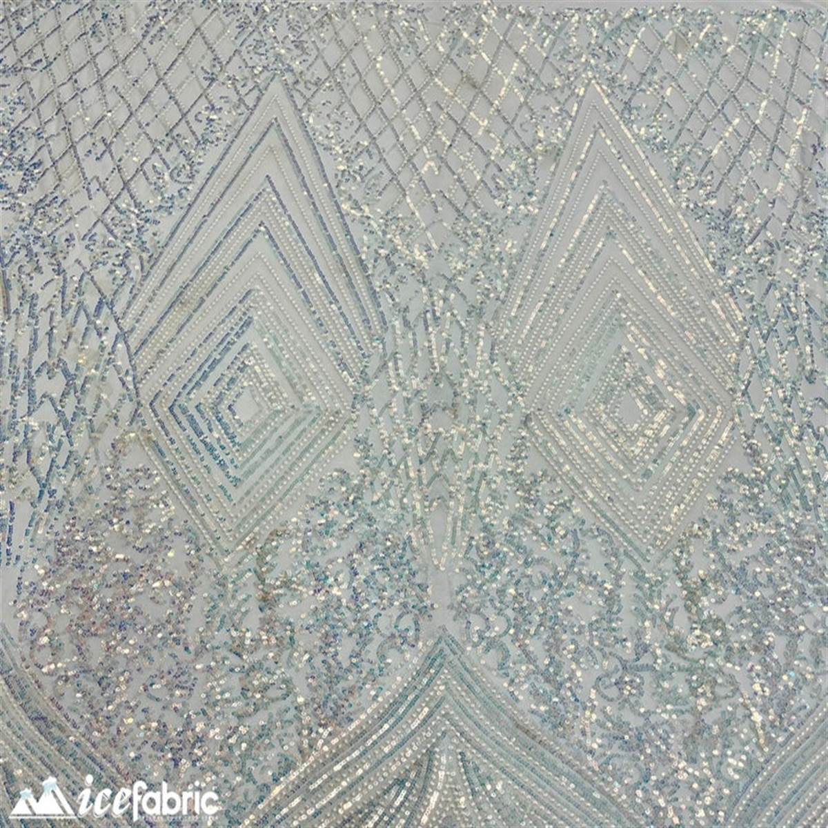 Diamond Geometric Stretch Sequin Fabric On MeshICE FABRICSICE FABRICSWhite BlueBy The YardDiamond Geometric Stretch Sequin Fabric On Mesh ICE FABRICS White Blue