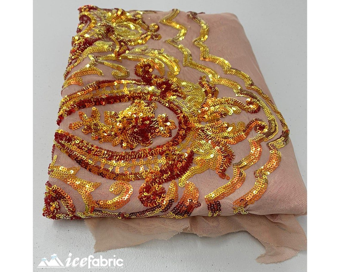 Diba Orange Geometric Stretch Sequin Fabric / Mesh Lace FabricICE FABRICSICE FABRICSDiba Sequin Fabric OrangeBy The Yard (58" Wide)Diba Orange Geometric Stretch Sequin Fabric / Mesh Lace Fabric ICE FABRICS