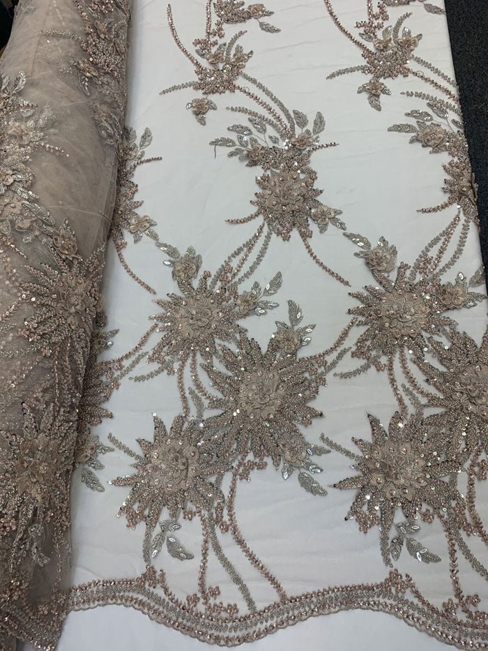 Dusty Rose French Modern 3D Flowers Hand Beaded Mesh Lace Fabric By the YardICEFABRICICE FABRICSDusty Rose French Modern 3D Flowers Hand Beaded Mesh Lace Fabric By the Yard ICEFABRIC
