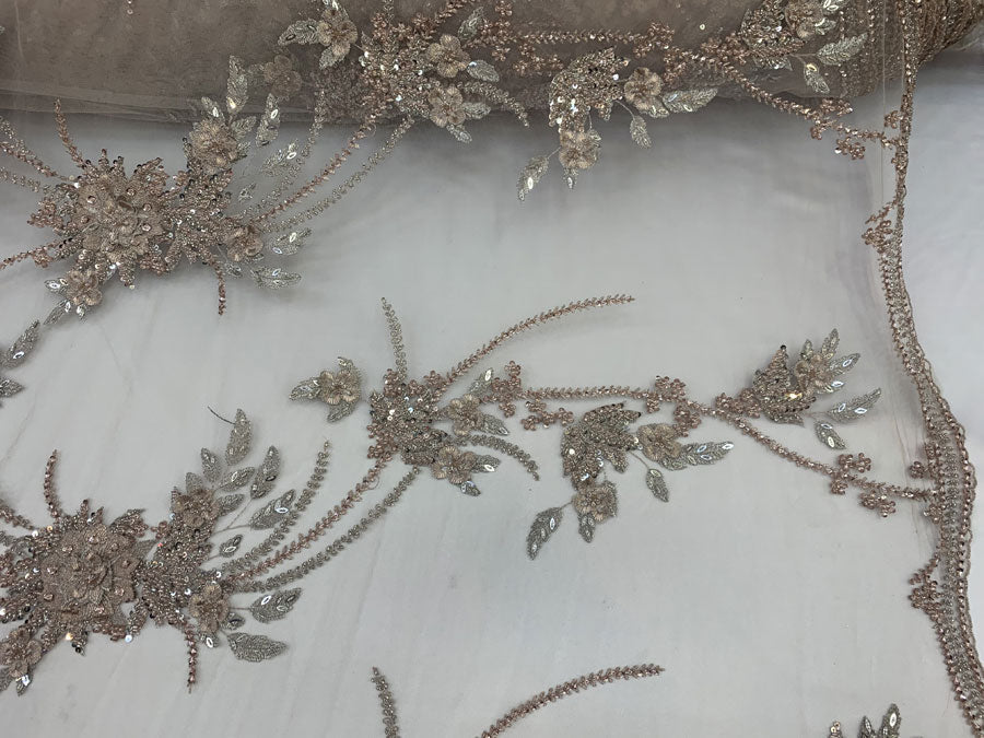 Dusty Rose French Modern 3D Flowers Hand Beaded Mesh Lace Fabric By the YardICEFABRICICE FABRICSDusty Rose French Modern 3D Flowers Hand Beaded Mesh Lace Fabric By the Yard ICEFABRIC