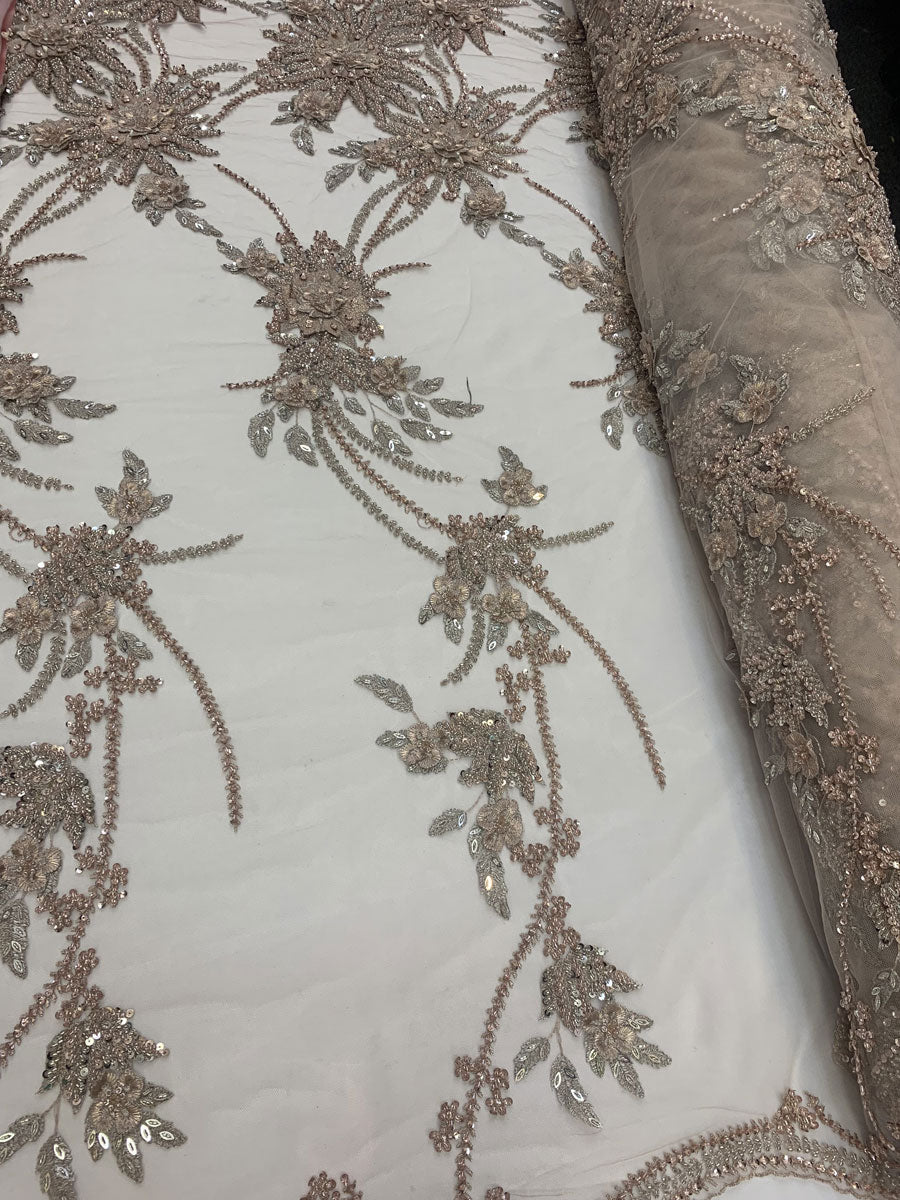 Dusty Rose French Modern 3D Flowers Hand Beaded Mesh Lace Fabric By the YardICEFABRICICE FABRICSDusty Rose French Modern 3D Flowers Hand Beaded Mesh Lace Fabric By the Yard ICEFABRIC