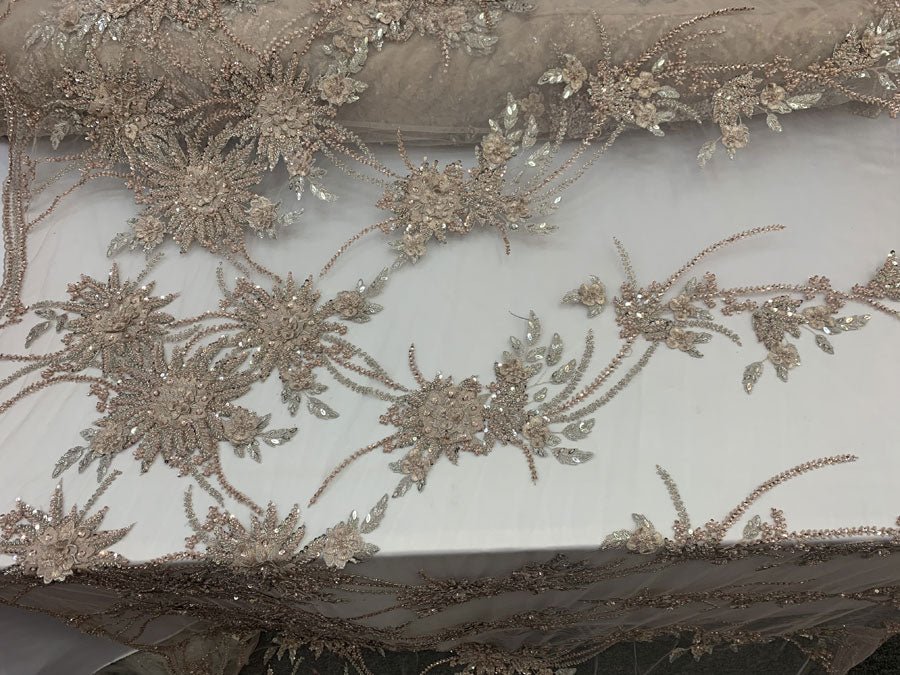Dusty Rose French Modern 3D Flowers Hand Beaded Mesh Lace Fabric By the YardICEFABRICICE FABRICSDusty Rose French Modern 3D Flowers Hand Beaded Mesh Lace Fabric By the Yard ICEFABRIC